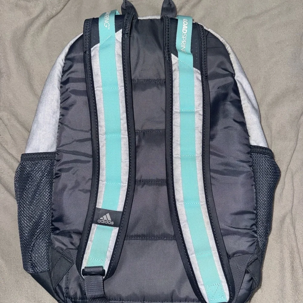adidas Light Gray Backpack with Teal Accents and Orange Zippers - Picture 2 of 7
